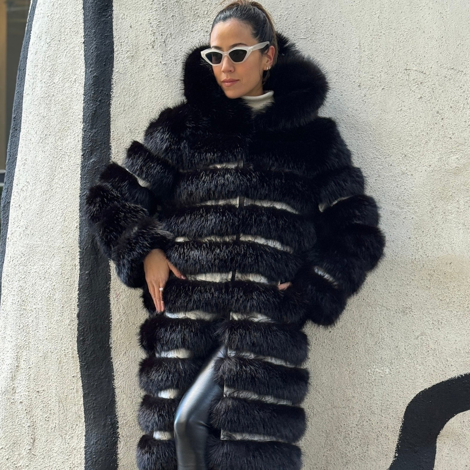 Crème de la Crème Noir Extra Long Hooded Faux Fur Coat by Dani