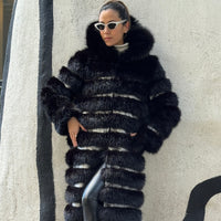 Crème de la Crème Noir Extra Long Hooded Faux Fur Coat by Dani Watanabe