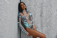 Pisces rainbow rhinestone mesh bodysuit, zodiac Halloween costume, HARMONIA NY