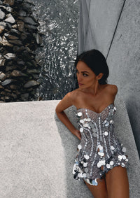 Cancer silver rhinestone mesh bodysuit, zodiac Halloween costume, HARMONIA NY