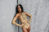 Leo gold rhinestone bodycon bodysuit, zodiac Halloween costume, HARMONIA NY