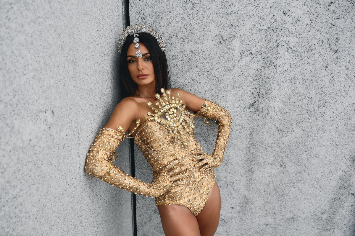 Leo gold rhinestone bodycon bodysuit, zodiac Halloween costume, HARMONIA NY