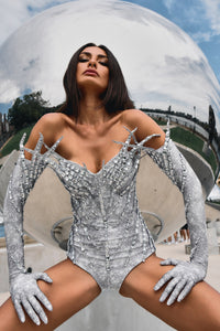 Capricorn grey thorn rhinestone bodysuit, zodiac Halloween costume, HARMONIA NY