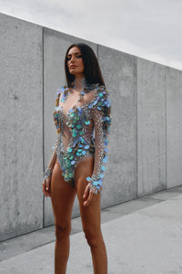 Pisces rainbow rhinestone mesh bodysuit, zodiac Halloween costume, HARMONIA NY