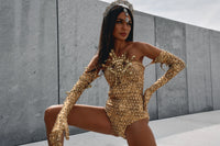 Leo gold rhinestone bodycon bodysuit, zodiac Halloween costume, HARMONIA NY