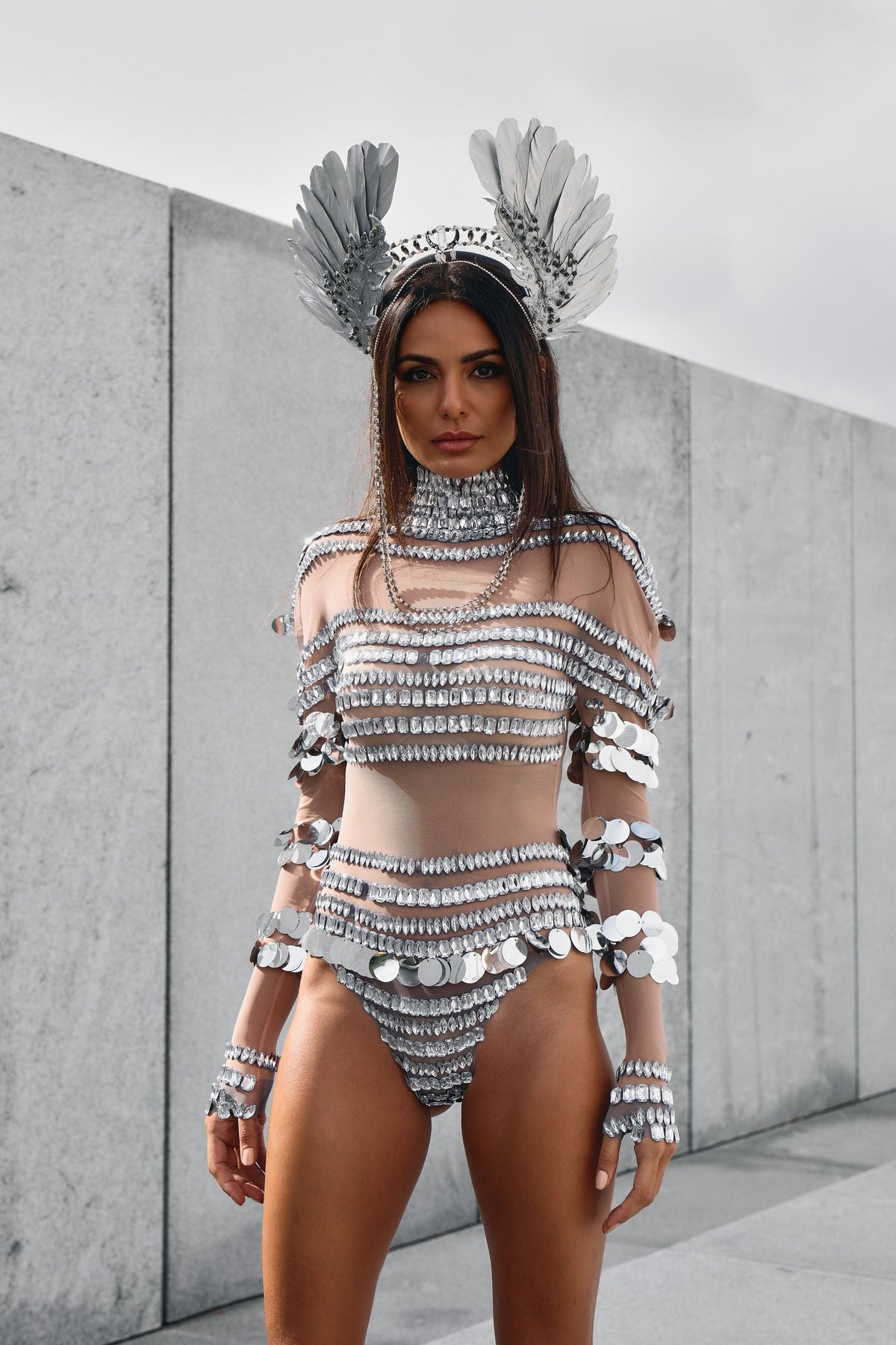Aquarius silver rhinestone performance bodysuit, zodiac Halloween costume, HARMONIA NY