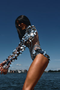 Sagittarius silver rhinestone dance bodysuit, zodiac Halloween costume, HARMONIA NY