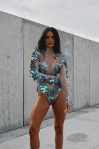 Pisces rainbow rhinestone mesh bodysuit, zodiac Halloween costume, HARMONIA NY