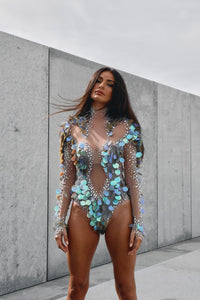 Pisces rainbow rhinestone mesh bodysuit, zodiac Halloween costume, HARMONIA NY