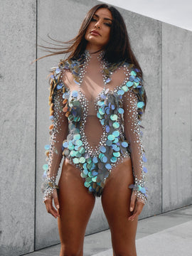 Pisces II Rainbow Rhinestone Mesh Bodysuit