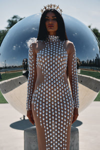 Virgo alien skin pearl-embellished sheer dress, zodiac Halloween costume, HARMONIA NY