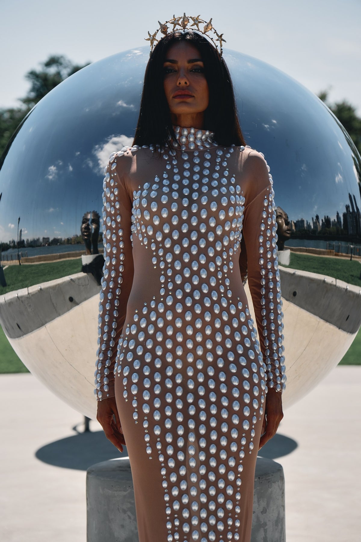 Virgo alien skin pearl-embellished sheer dress, zodiac Halloween costume, HARMONIA NY
