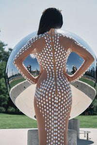 Virgo alien skin pearl-embellished sheer dress, zodiac Halloween costume, HARMONIA NY