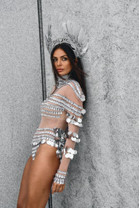 Aquarius silver rhinestone performance bodysuit, zodiac Halloween costume, HARMONIA NY