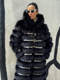 Crème de la Crème Noir Extra Long Hooded Faux Fur Coat by Dani Watanabe