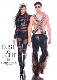 Burning Man outfits by Harmonia NY: bold sequined festival wear for couples, perfect for Coachella or Halloween.