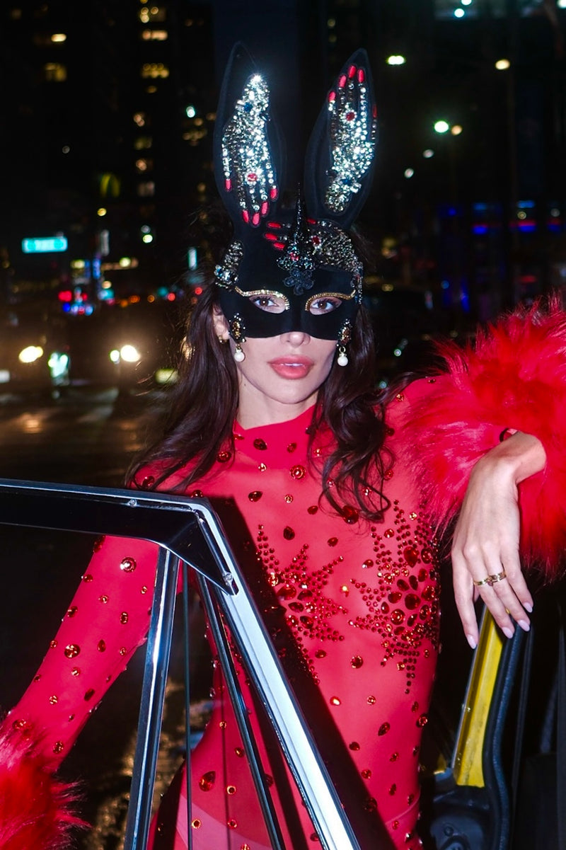 Bold red sequin bodysuit with feather sleeves & crystal bunny mask — HARMONIA NY festival wear