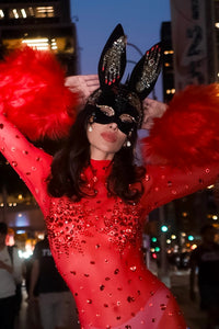 Bold red sequin bodysuit with bunny ears mask by HARMONIA NY — festival wear, stage costume, Halloween outfit