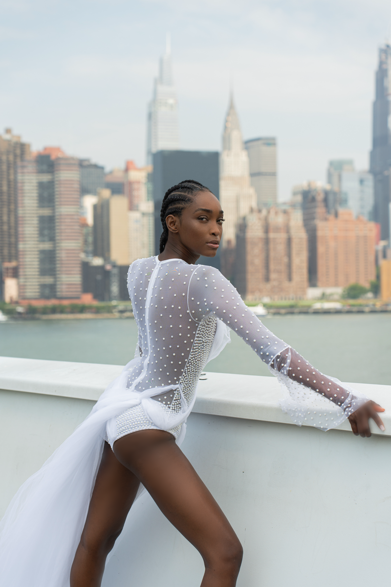 Cyber Duchess Tulle Skirt on White Beaded Bodysuit