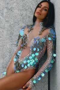 Pisces II Rainbow Rhinestone Mesh Bodysuit