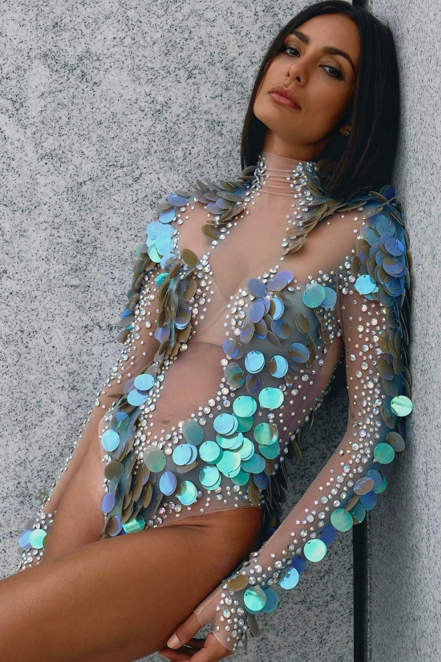 Pisces II Rainbow Rhinestone Mesh Bodysuit