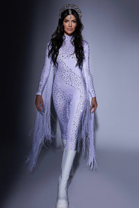 Lavender festival bodysuit with rhinestones & fringe, crown headpiece, white boots — HARMONIA NY