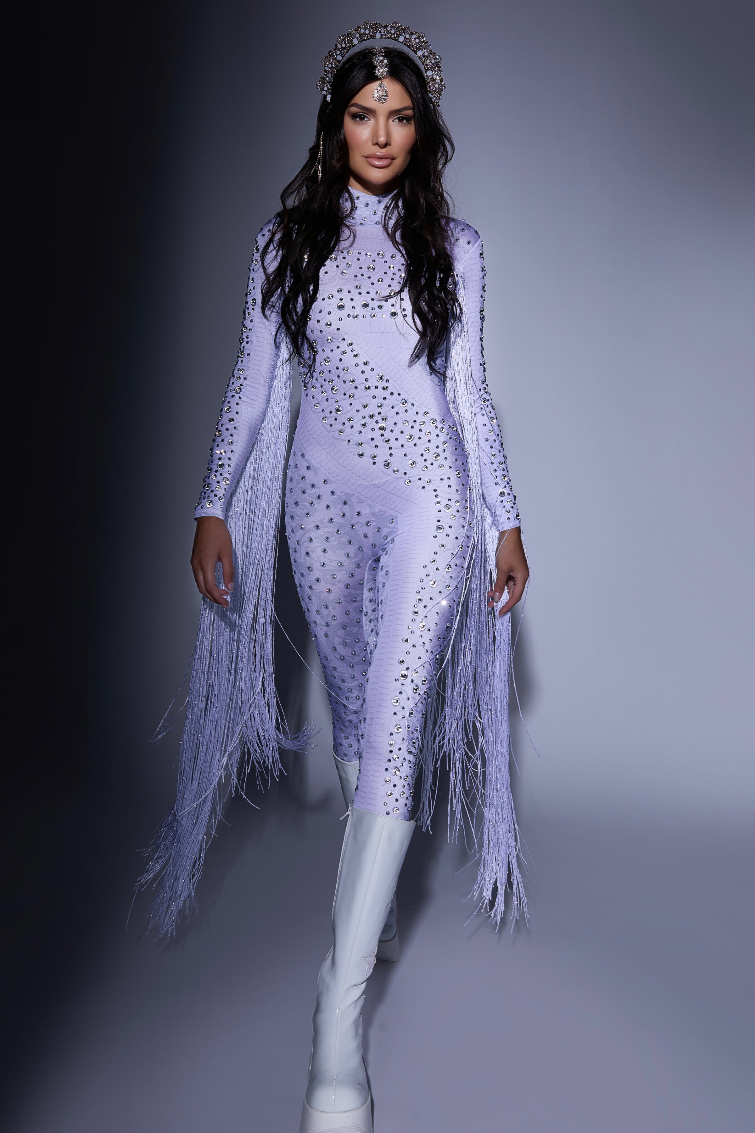 Lavender festival bodysuit with rhinestones & fringe, crown headpiece, white boots — HARMONIA NY