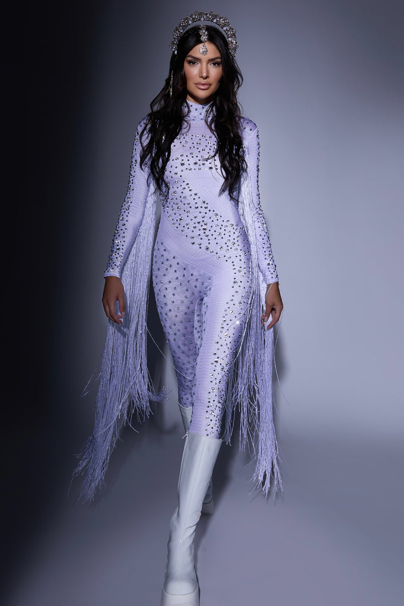 Lavender festival bodysuit with rhinestones & fringe, crown headpiece, white boots — HARMONIA NY