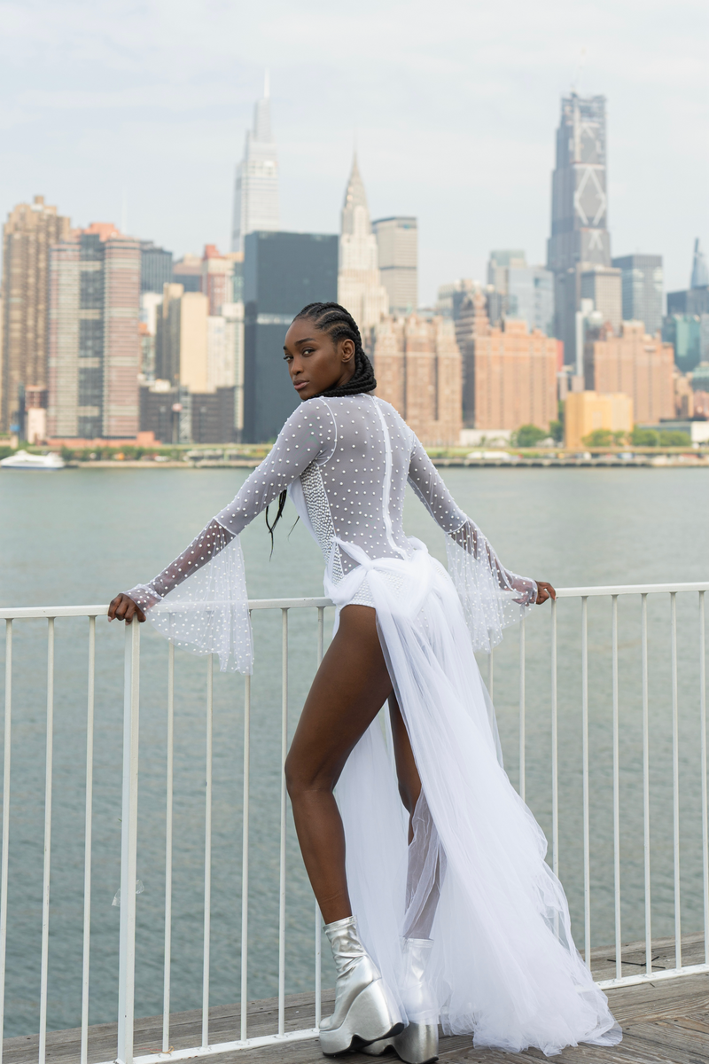 Cyber Duchess Tulle Skirt on White Beaded Bodysuit