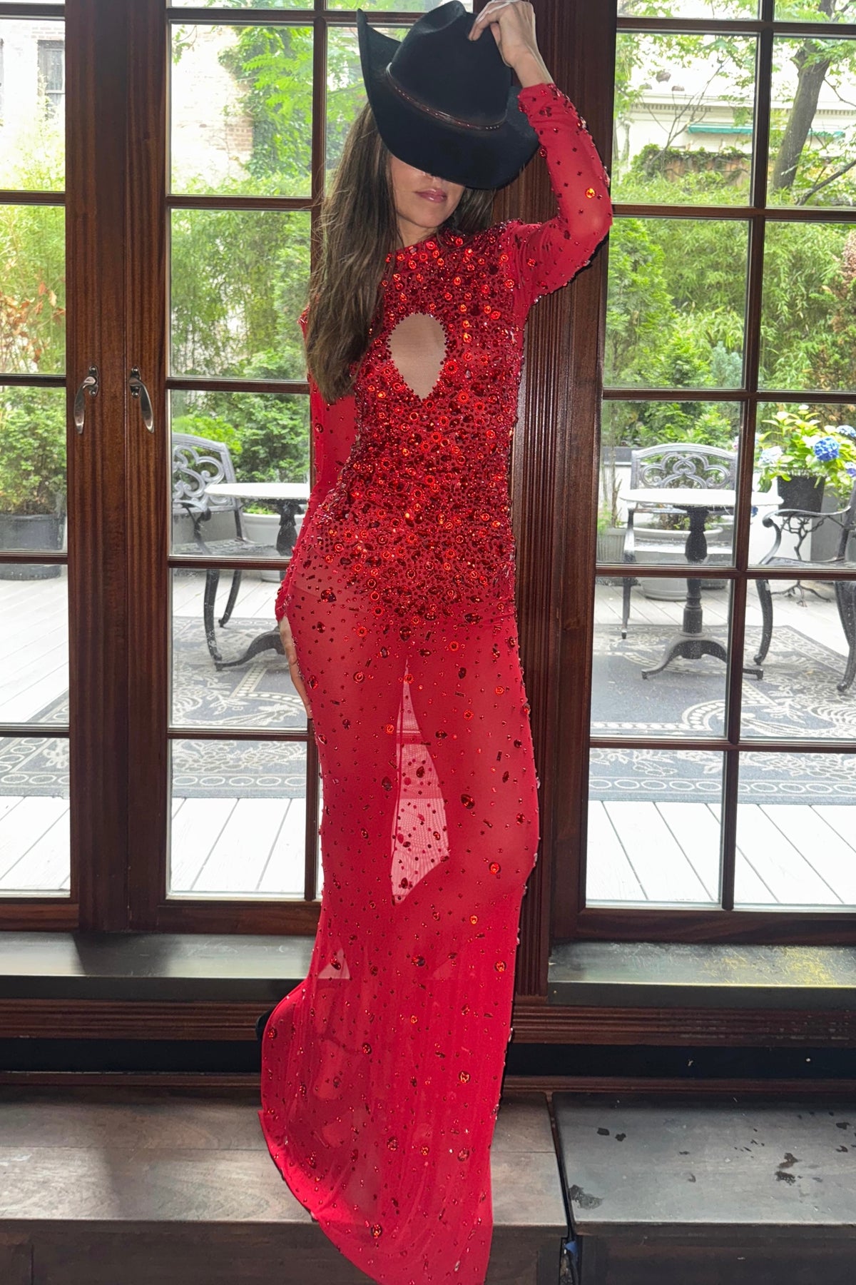 Scarlet Obsession Red Beaded Mesh Long Dress HARMONIA NY Scarlet Obsession Red Beaded Mesh Long Dress HARMONIA NY