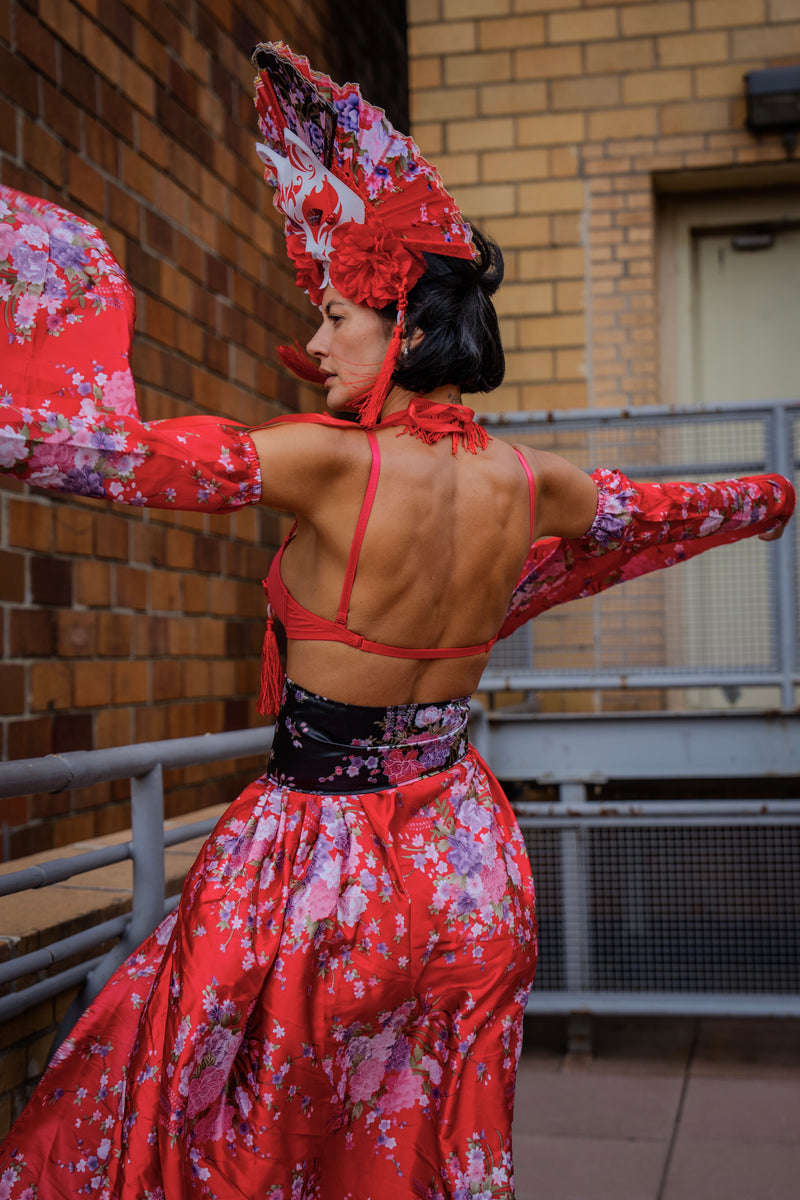 Jade Peony Mandarin Headpiece Skirt Sleeve Bra and Bottom Red Set