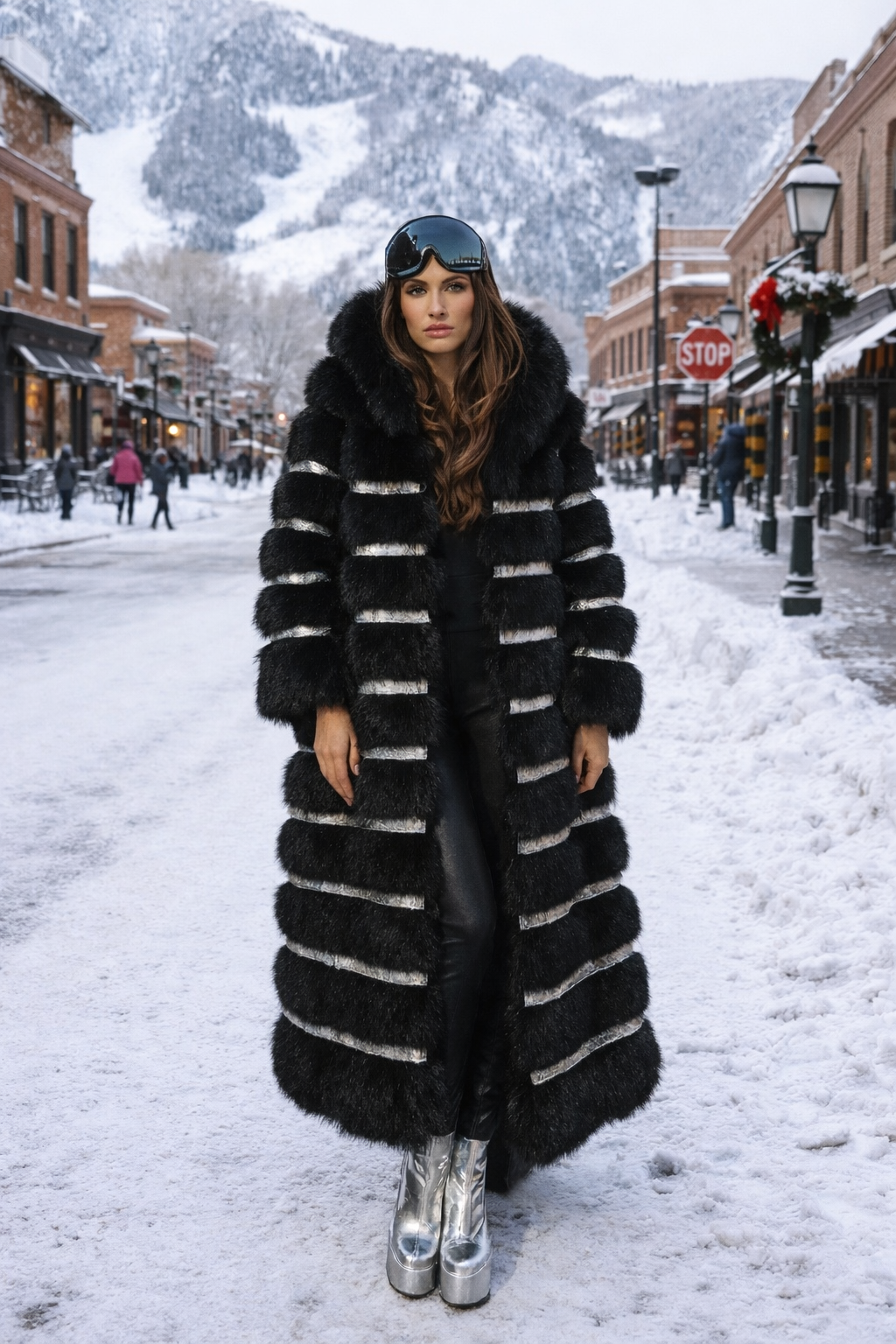 Crème de la Crème Noir Extra Long Hooded Faux Fur Coat by Dani Watanabe