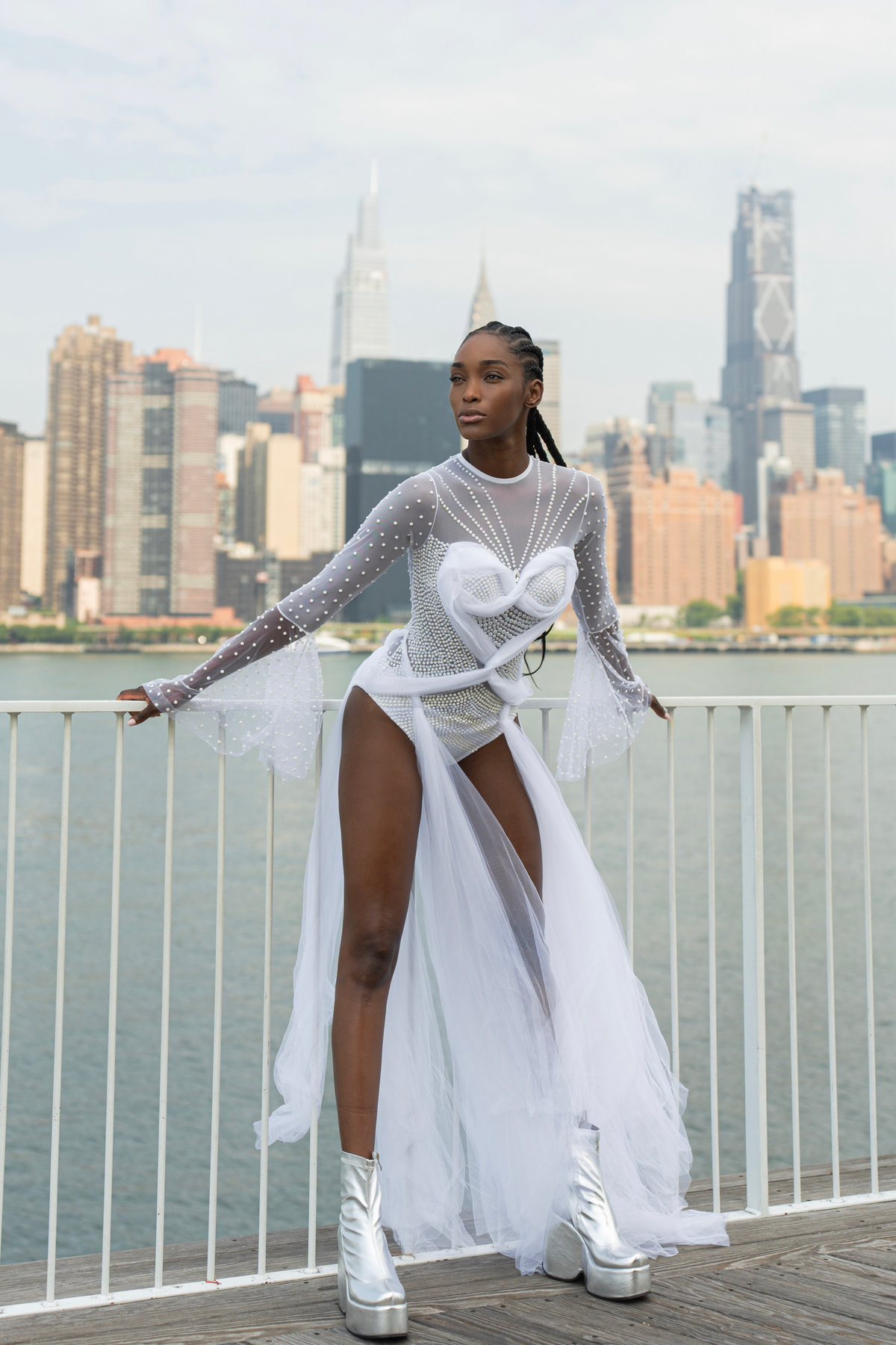 Cyber Duchess Tulle Skirt on White Beaded Bodysuit HARMONIA NY