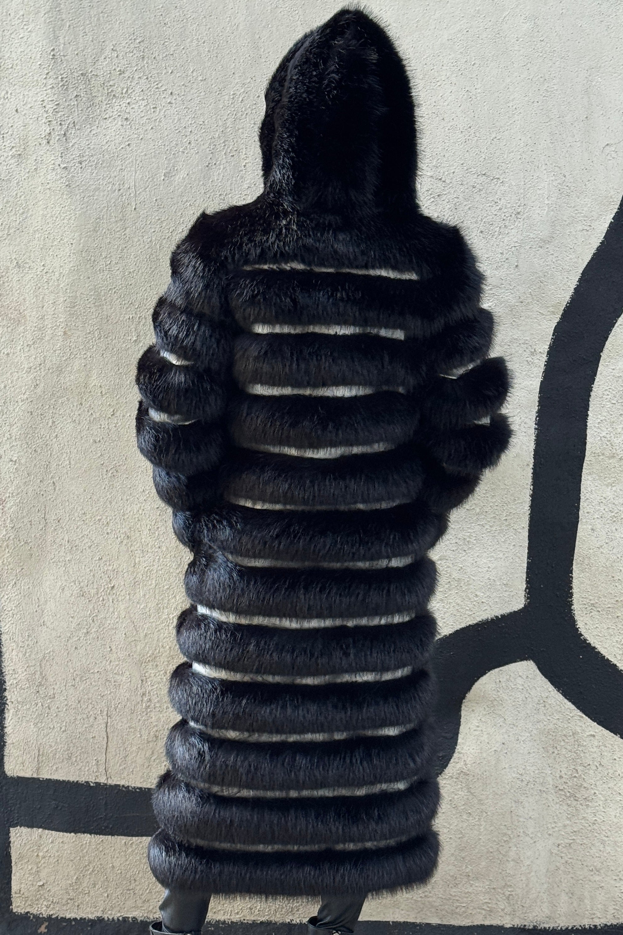 Crème de la Crème Noir Extra Long Hooded Faux Fur Coat by Dani Watanabe