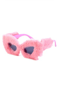 Pink fuzzy cat-eye sunglasses for festival wear, Burning Man outfits, and Halloween costumes — HARMONIA NY