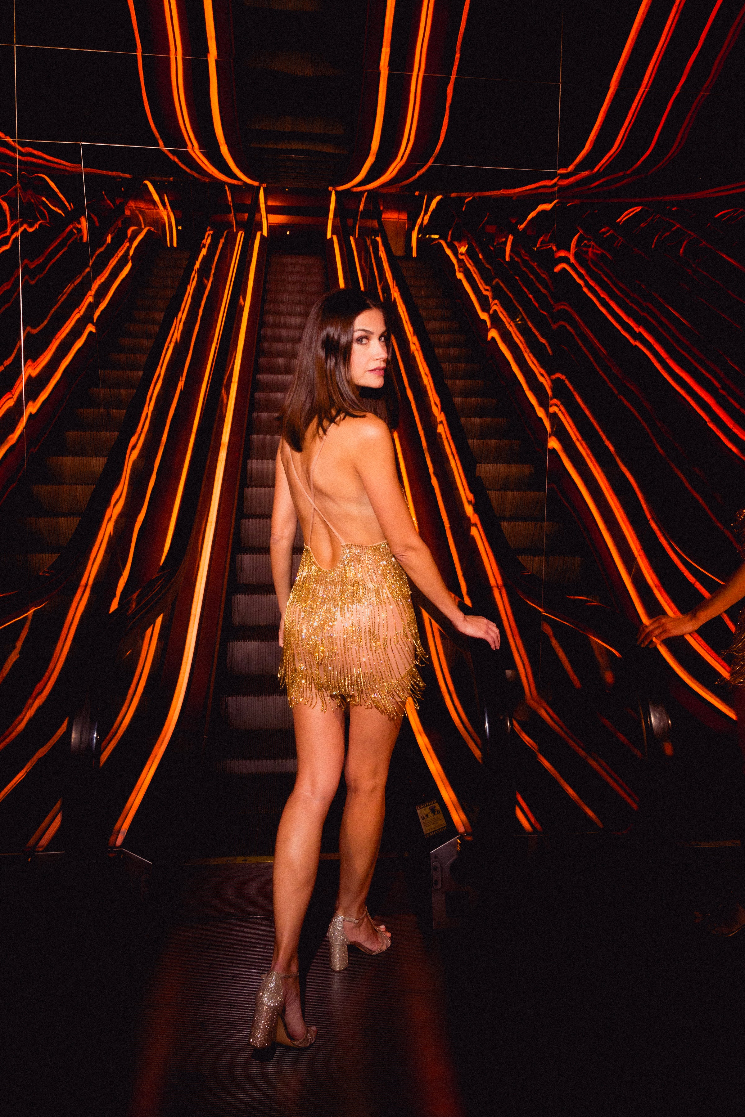 Champagne Supernova Mesh Spandex Gold Fringed Dress HARMONIA NY Champagne Supernova Mesh Spandex Gold Fringed Dress HARMONIA NY