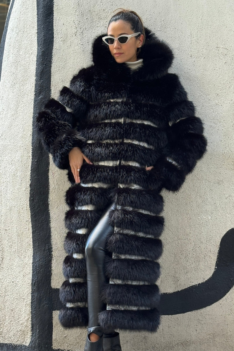 Bold black faux fur coat with silver stripes, festival fashion by HARMONIA NY