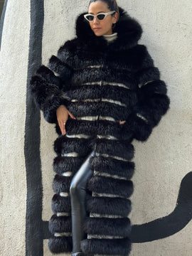 Crème de la Crème Noir Extra Long Hooded Faux Fur Coat by Dani Watanabe