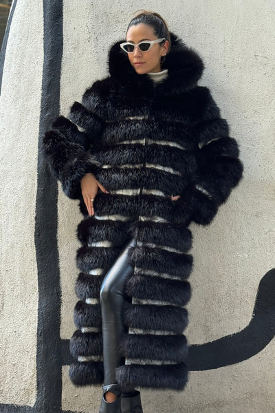 Crème de la Crème Noir Extra Long Hooded Faux Fur Coat by Dani
