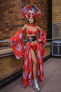 Jade Peony Mandarin Headpiece Skirt Sleeve Bra and Bottom Red Set