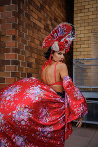 Jade Peony Mandarin Headpiece Skirt Sleeve Bra and Bottom Red Set