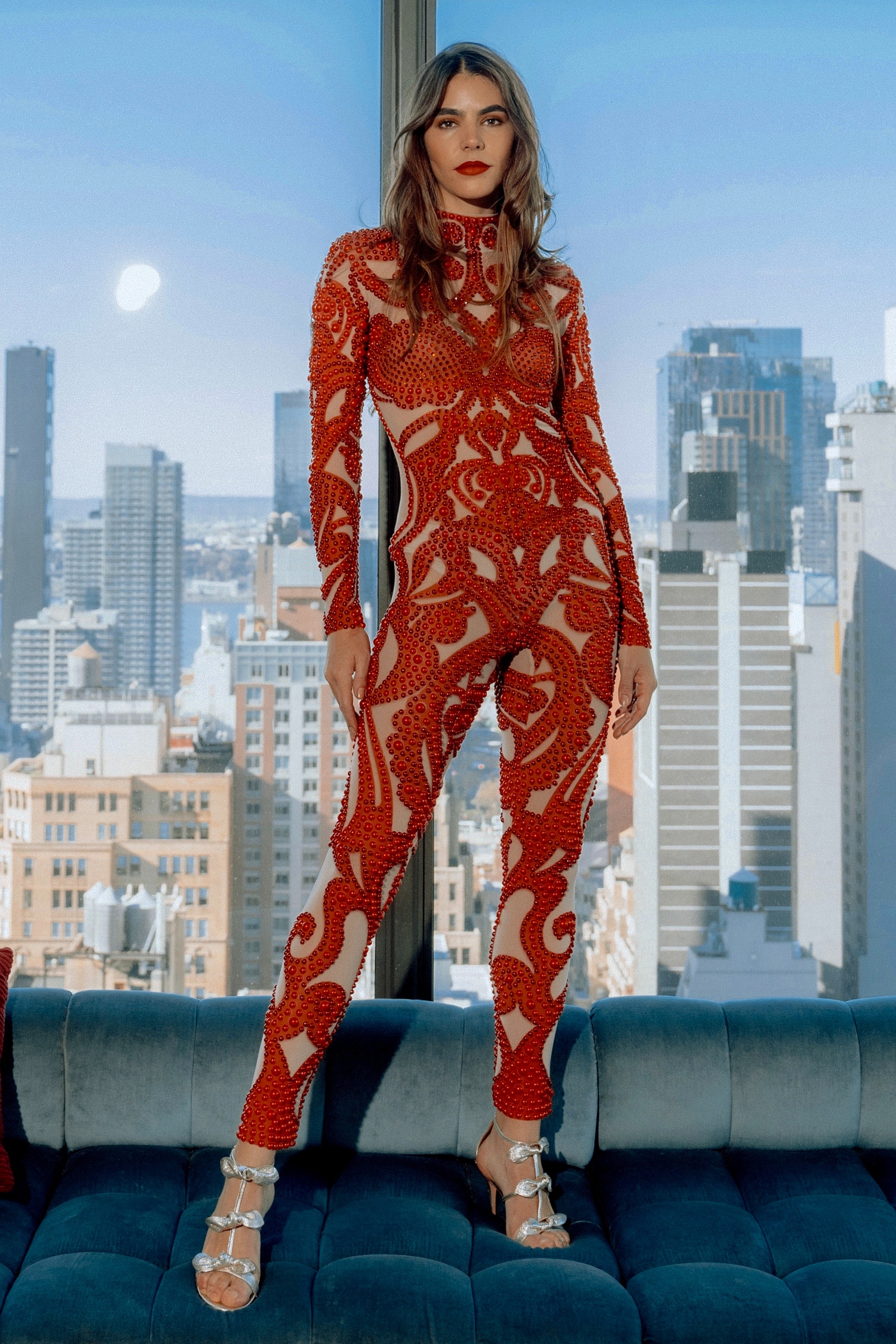 Joy Red Beaded Mesh Red Catsuit – HARMONIA NY