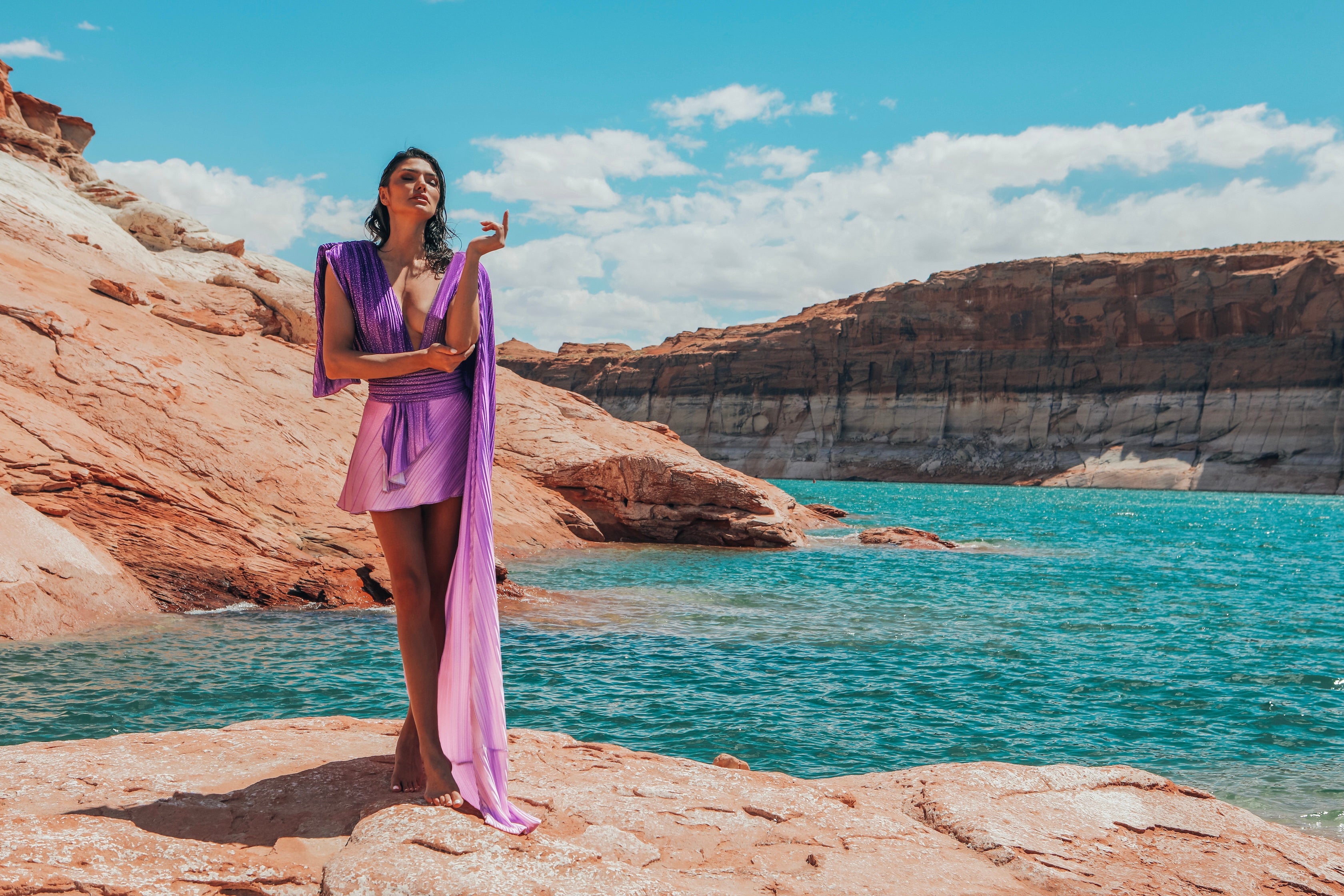 Lemuria 004 Bodysuit Ombre Purple Dress with Cape by Dani Watanabe
