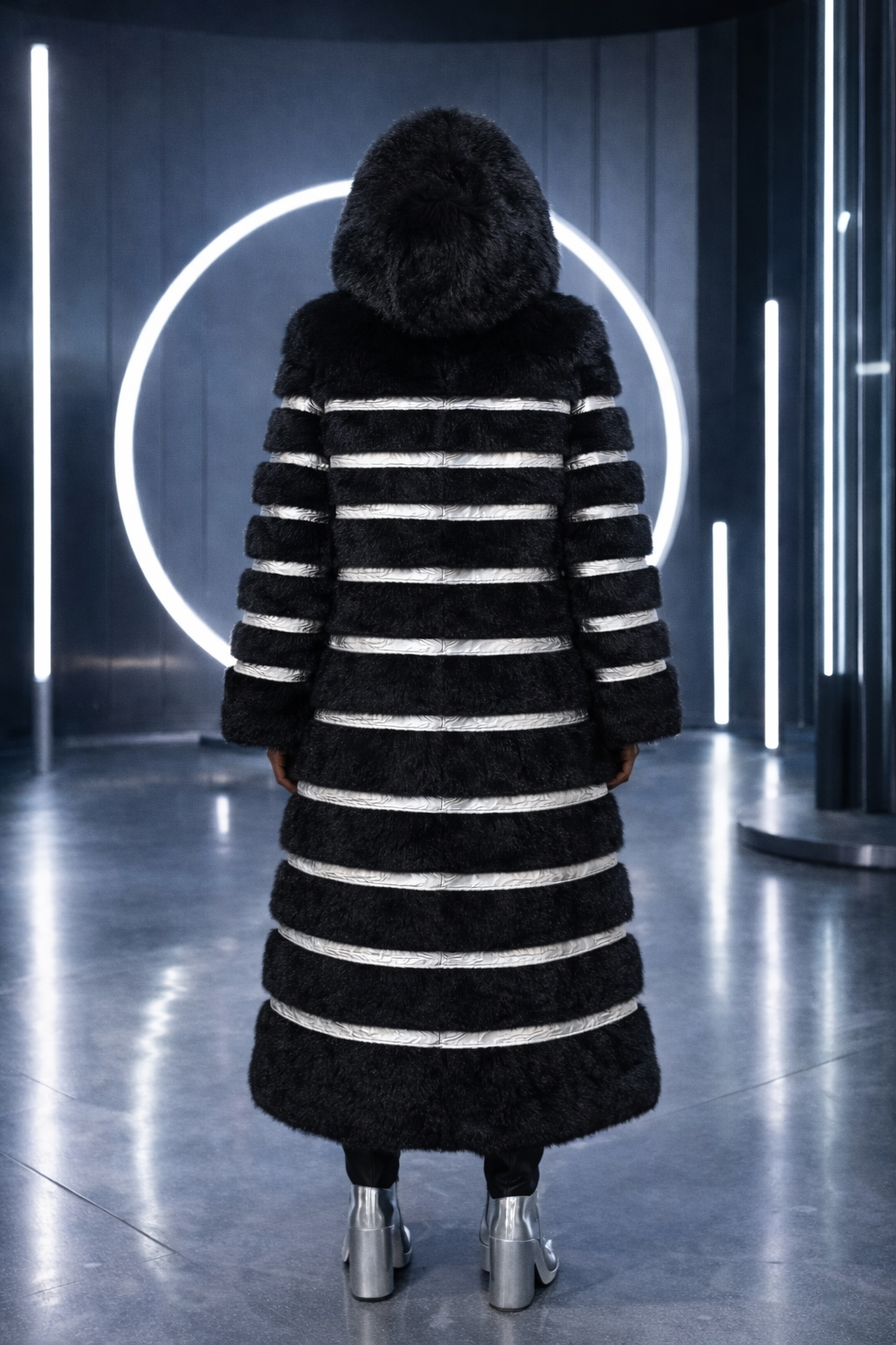 Crème de la Crème Noir Extra Long Hooded Faux Fur Coat by Dani Watanabe