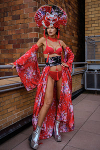 Jade Peony Mandarin Headpiece Skirt Sleeve Bra and Bottom Red Set