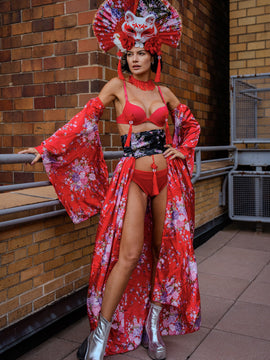 Jade Peony Mandarin Headpiece Skirt Sleeve Bra and Bottom Red Set