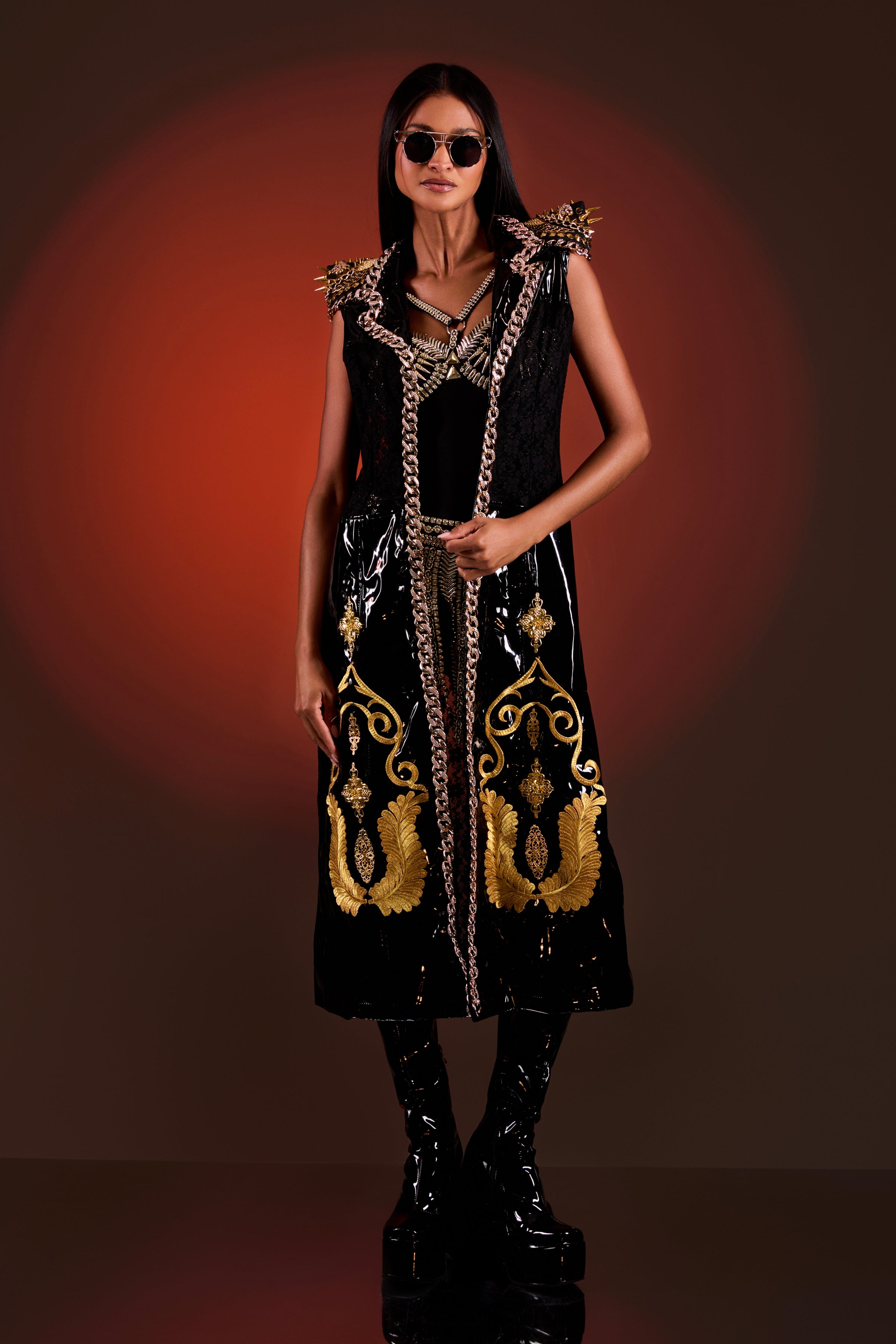 Serendipity Black and Gold Chain Embelished Long Jacket M-L Serendipity Black and Gold Chain Embelished Long Jacket M-L