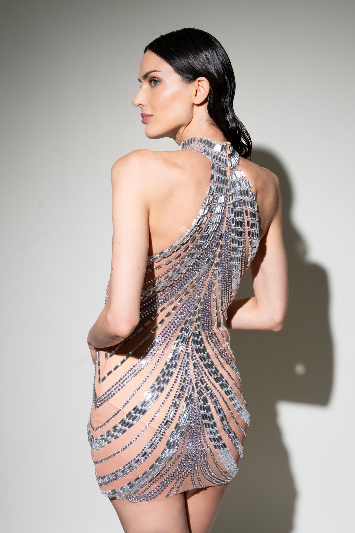 bodysuit mesh dress Inez rhinestone mesh dress pink / Sexy party dress