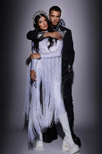 Bold festival couple in sparkling fringe outfits, HARMONIA NY stage wear for Coachella & Burning Man