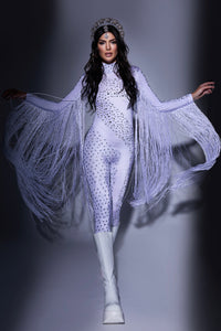 Lavender festival bodysuit with crystal embellishments, fringe cape & crown by HARMONIA NY